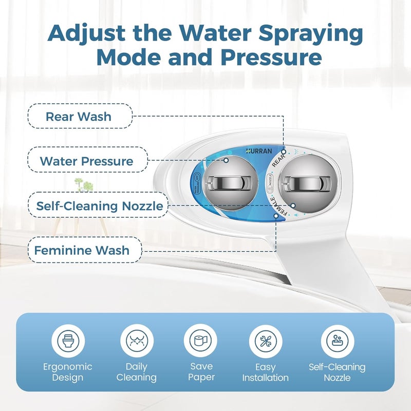 Hurran Ultra-Slim Bidet Attachment for Toilet, Retractable Dual Nozzles for Hygienic Posterior & Feminine Wash, Non-Electric with Adjustable Cold Water Pressure, Stainless Steel Inlet (Blue/White) - Image 4